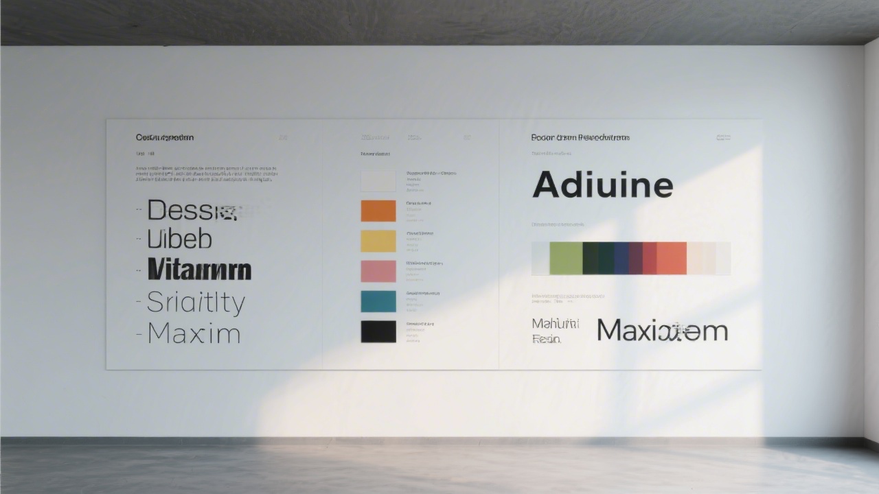 Minimal wall with printed design principles, color palette swatches and typography samples, emphasizing clarity, usability and consistent visual identity