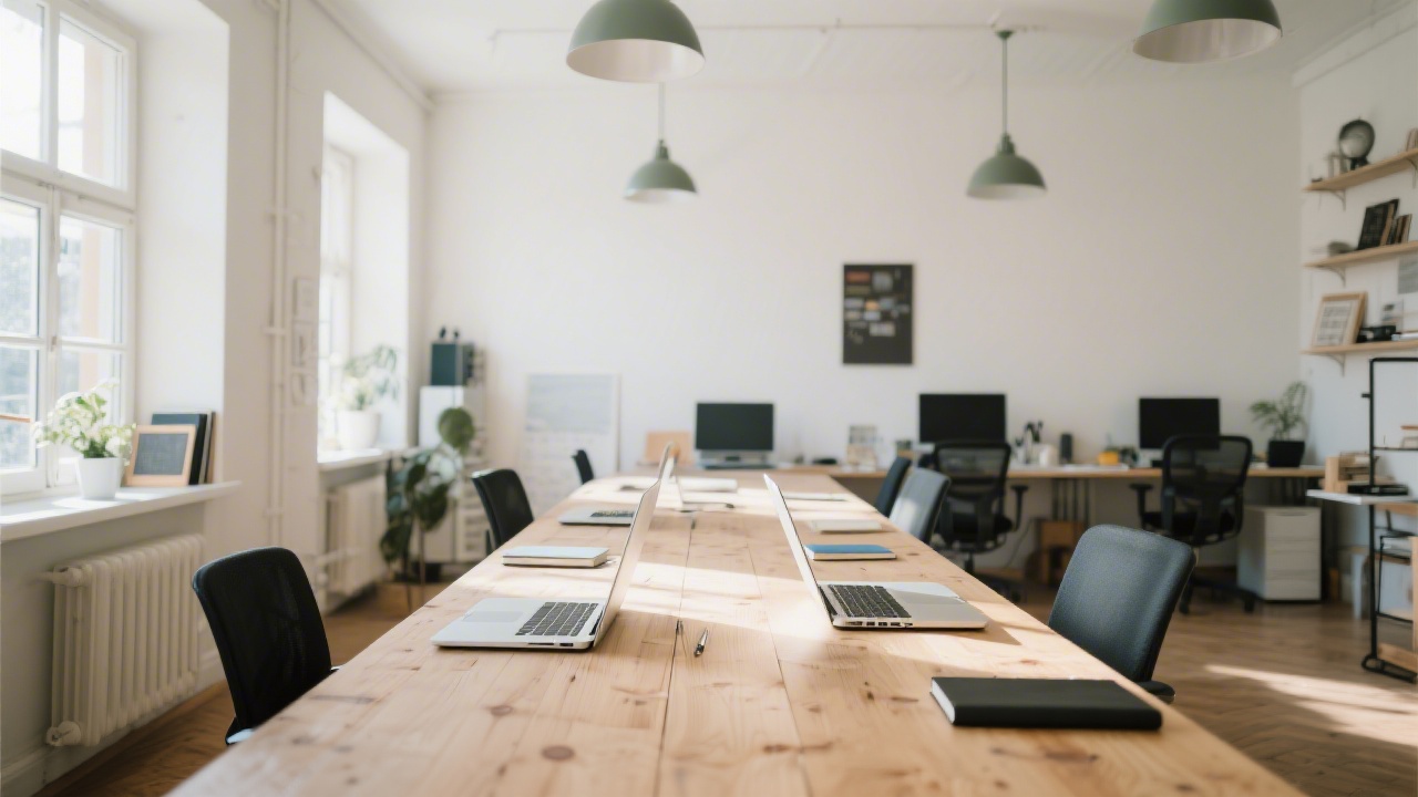 Bright Prague studio workspace with a long wooden table, laptops, notebooks and soft natural light, showing a calm environment for focused web design work