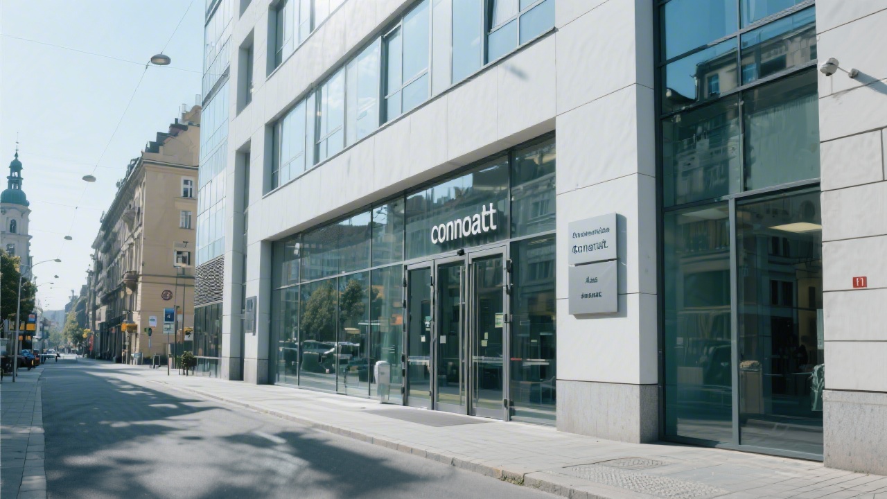 Street view of a modern business building entrance in Prague with clean signage, glass doors and a calm city atmosphere, representing professional contact location