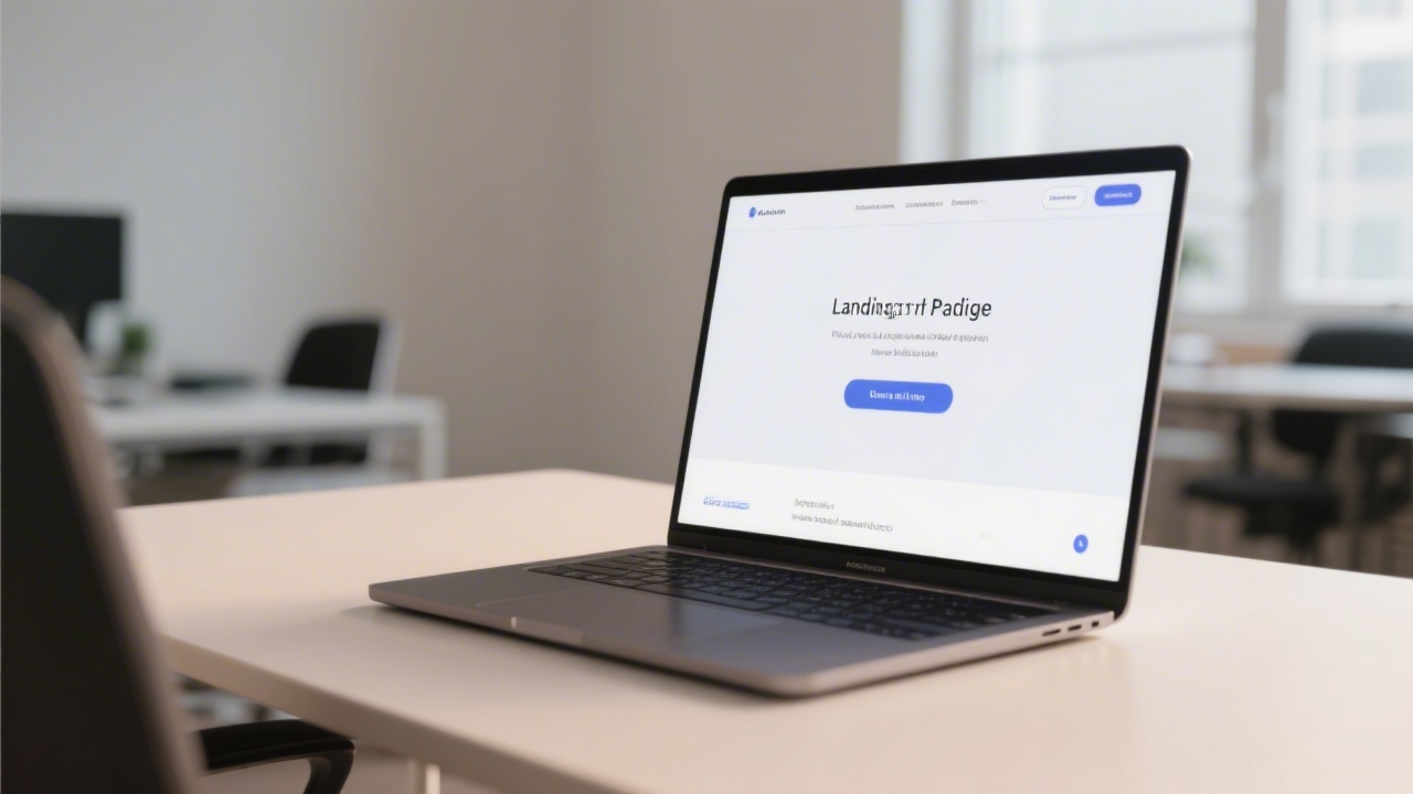 Modern laptop on clean desk showing a minimalist landing page layout with clear call to action, soft lighting, neutral office background and professional atmosphere