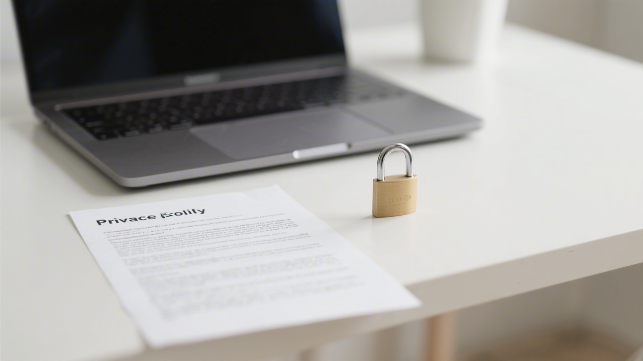 Minimalistic cybersecurity concept with a laptop, a small padlock and printed privacy policy pages on a clean desk, soft light and neutral colors