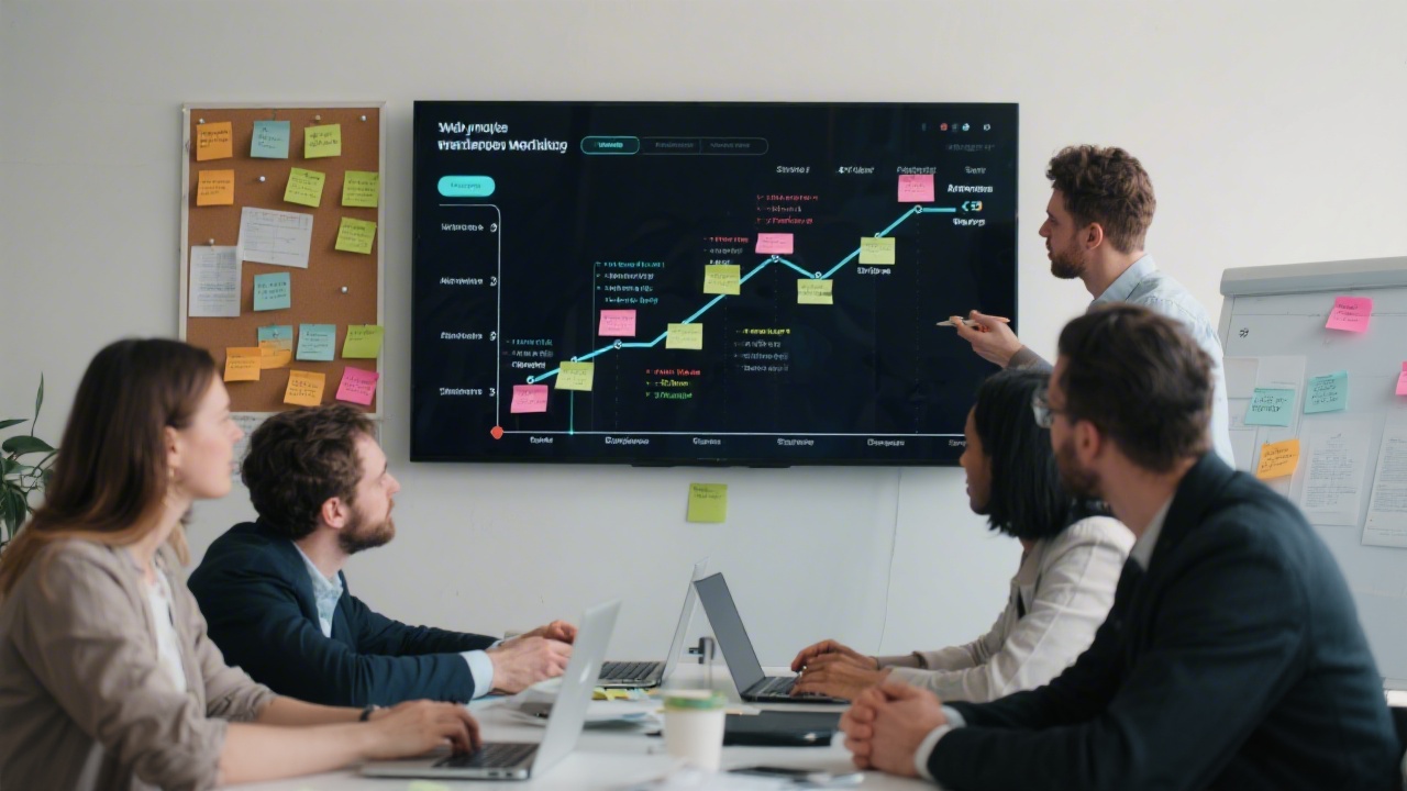 Team reviewing a web project timeline on a large screen, with sticky notes, sprint board and laptops, illustrating structured planning and iterative development workflow