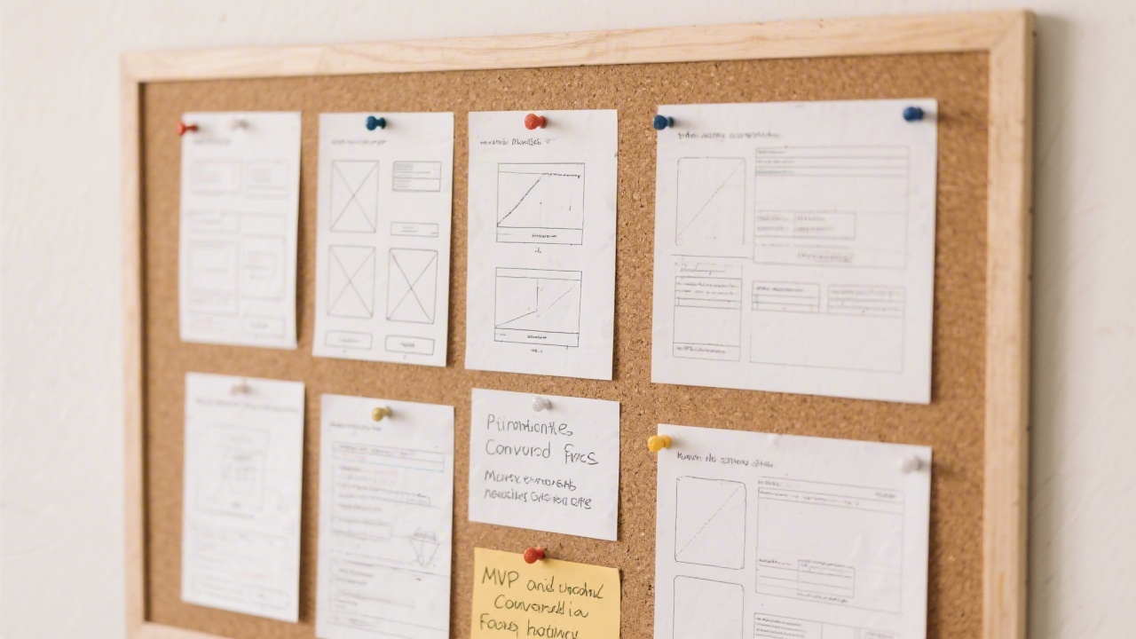 Prototype wireframes pinned on a board with simple page layouts and notes, representing early MVP planning and conversion focused structure