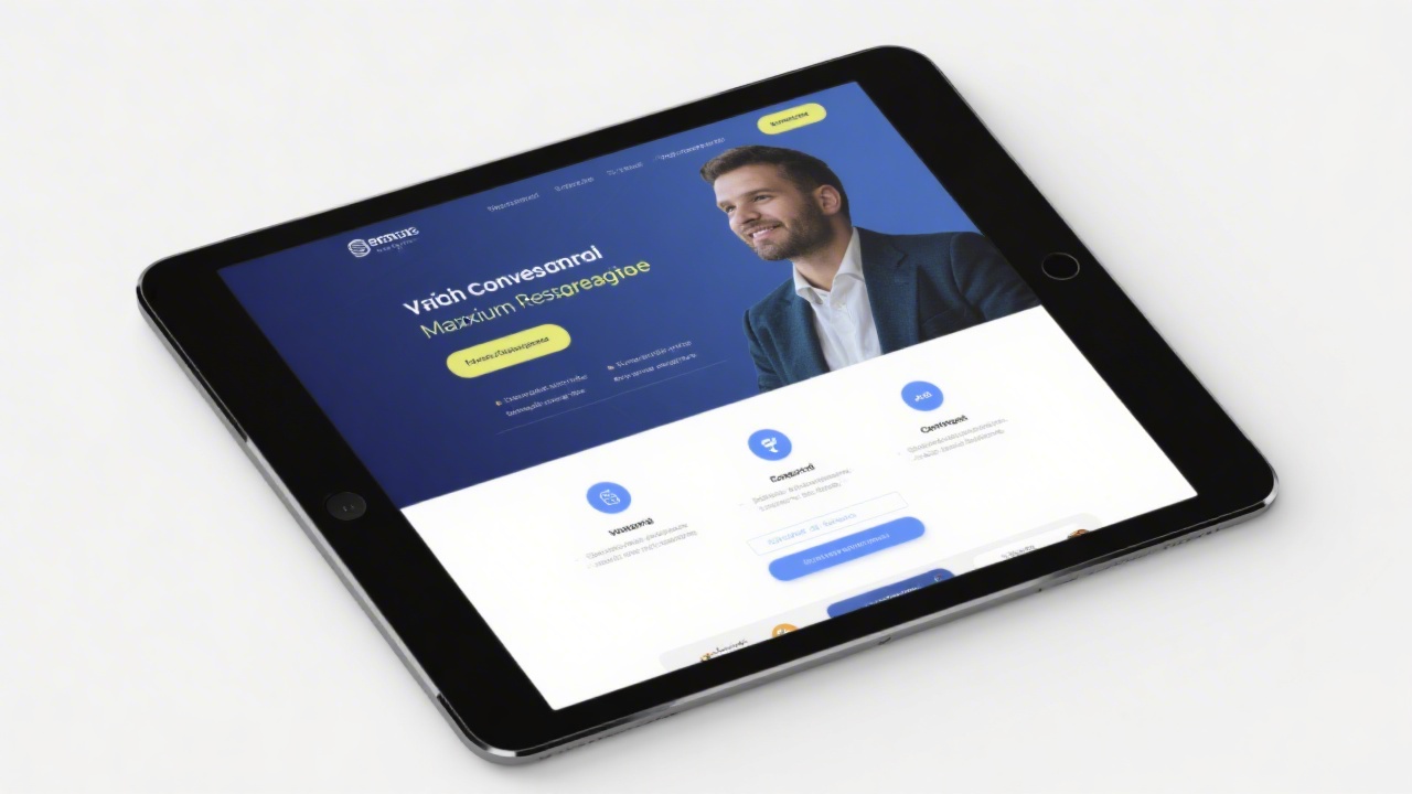 Clean single page website layout displayed on a tablet, featuring hero section, benefits and contact form, designed for conversion focused campaigns