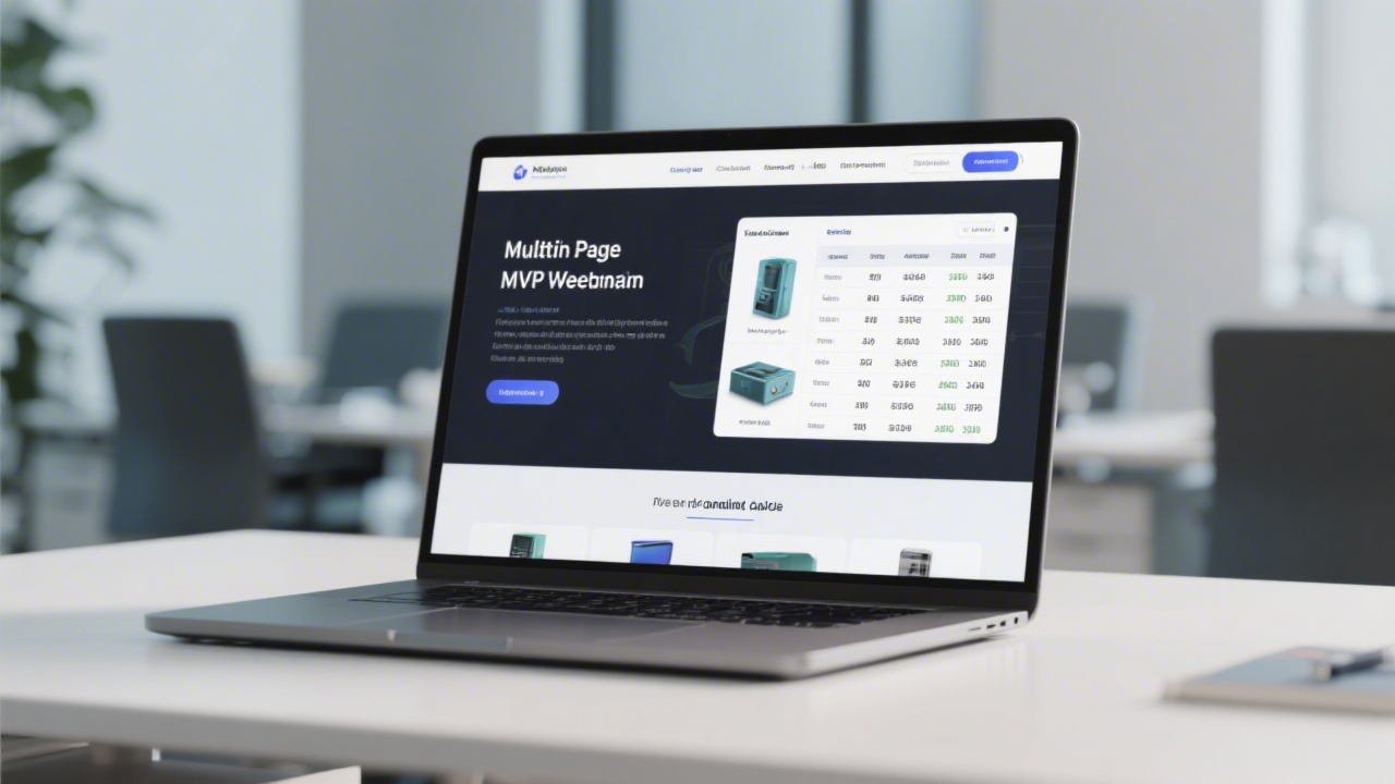Laptop screen showing a multipage MVP website with product features, pricing table removed, and a clear call to action, set in a tidy modern office