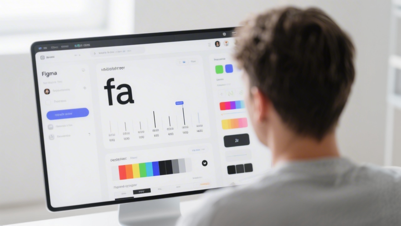 Close view of a designer working in Figma on a clean user interface with typography scales, color palette and components, in a bright minimalist studio
